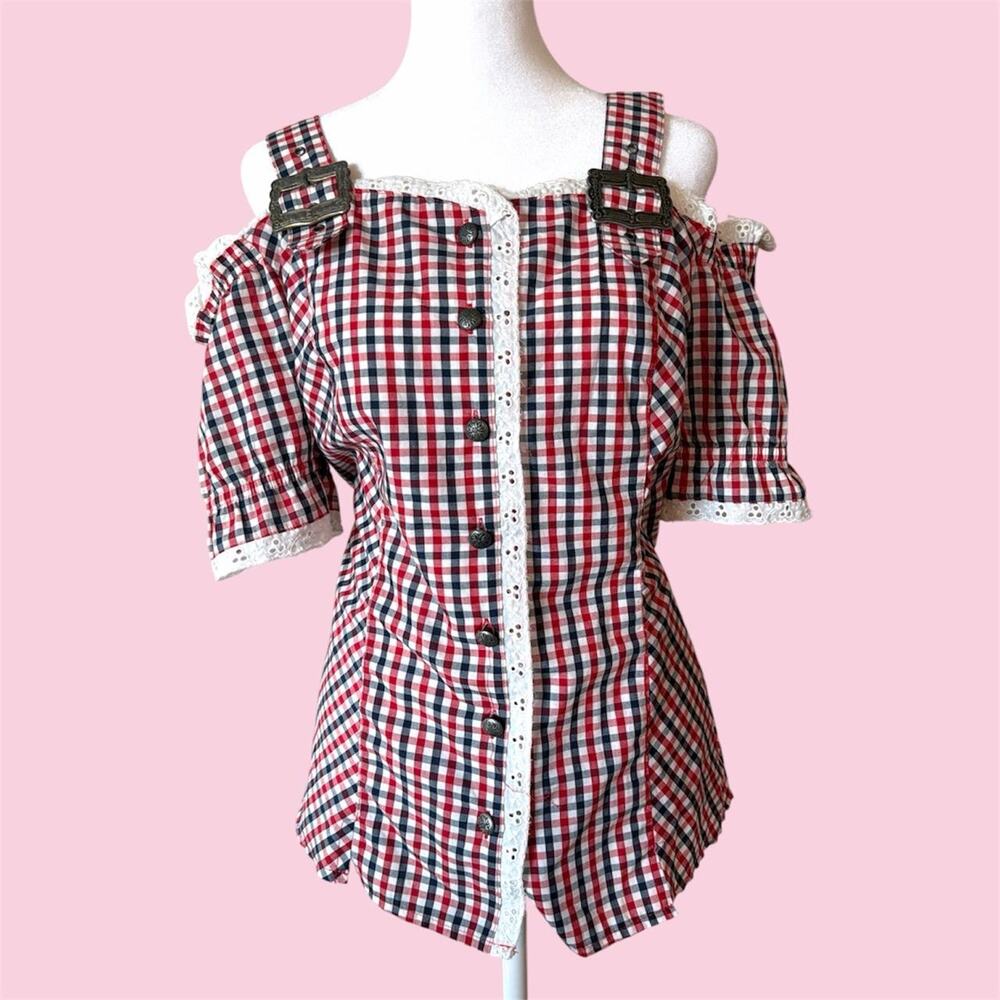 German Red, white, and blue gingham blouse with lace trim and buckle straps